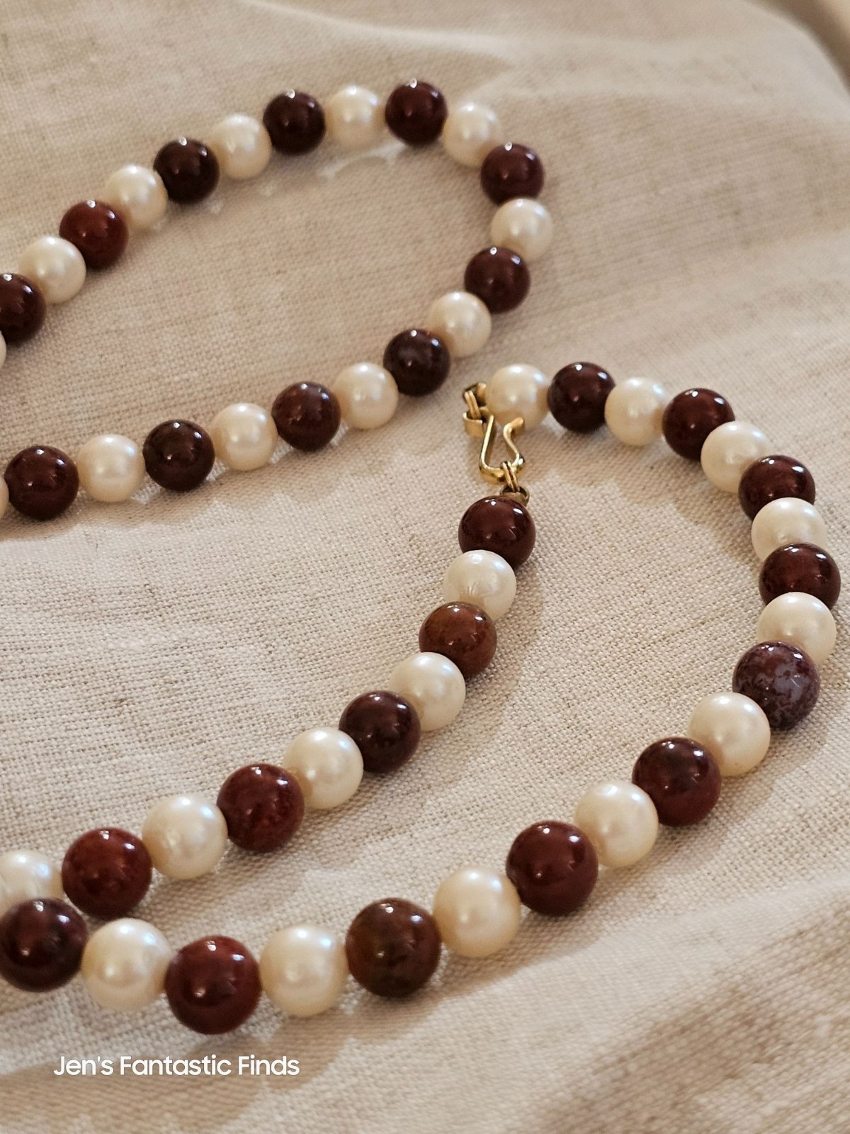 Vintage Pearl & Red Ocean Jasper Beaded Necklace 24 Inches Gold Clasp - View 5