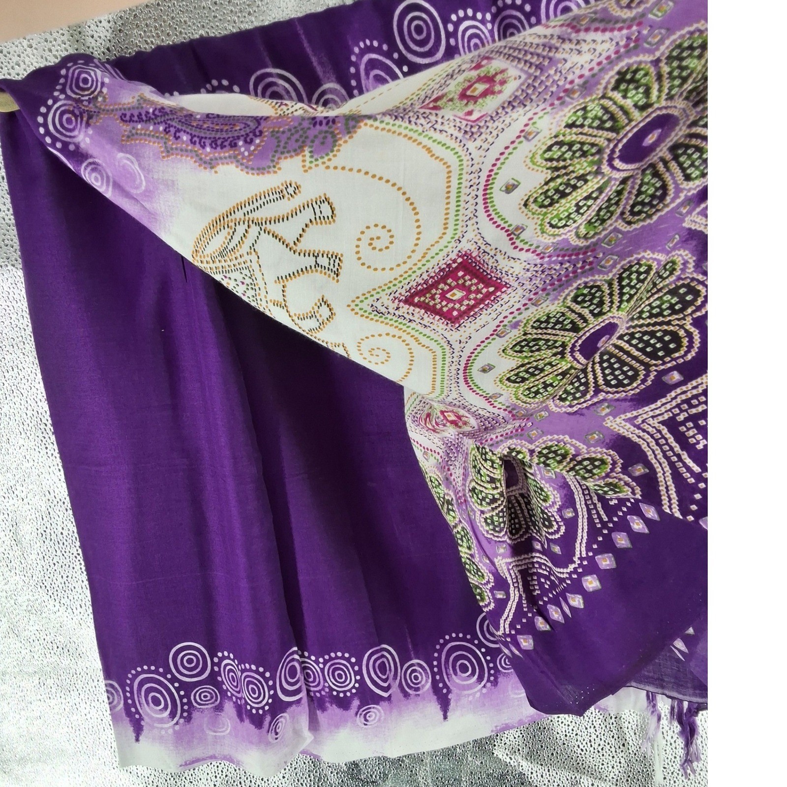 Purple Elephant Print Sarong Wrap Bohemian Beach Cover Up with Fringe Border - View 4