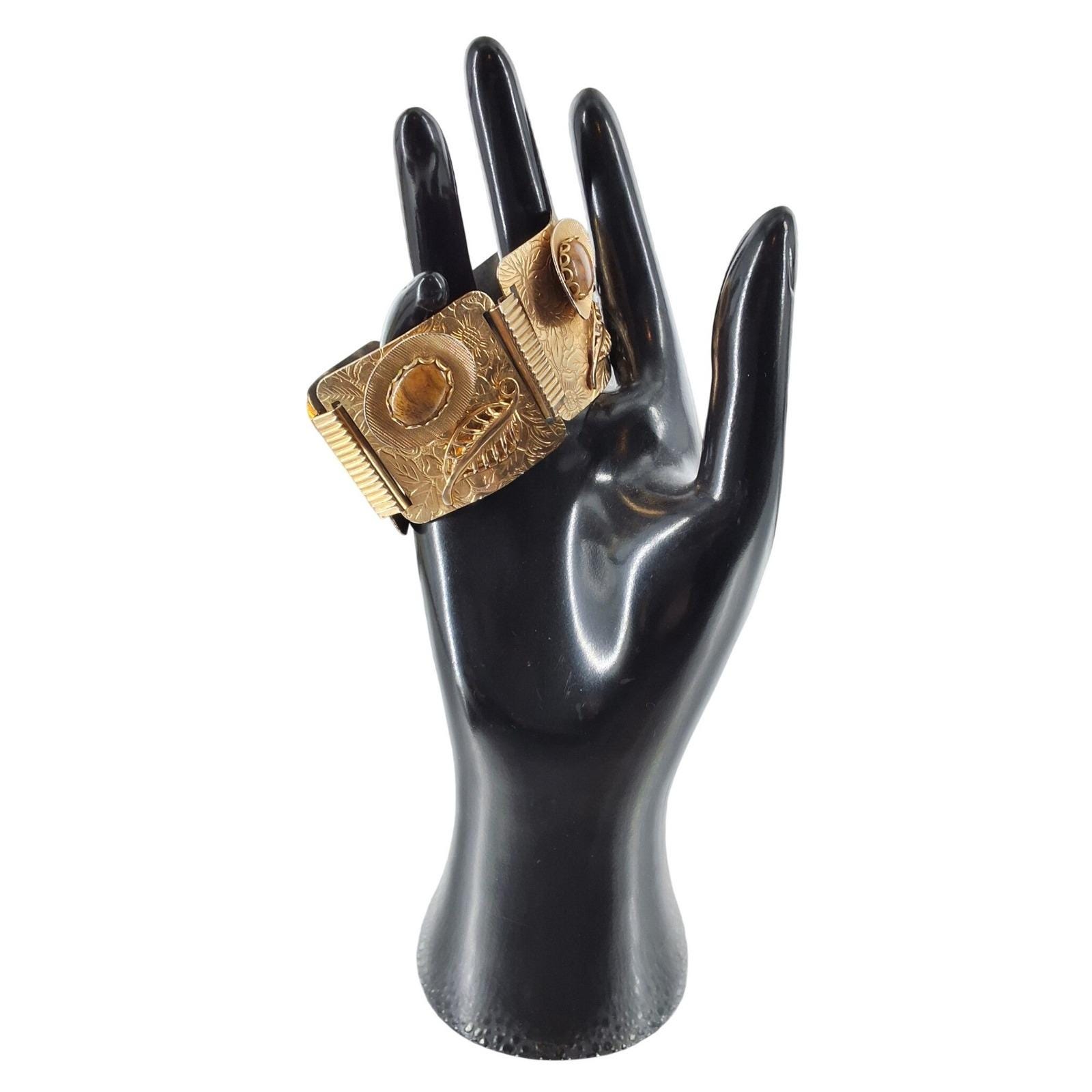 Vintage 1970s Brutalist Tiger's Eye 5-Panel Link Bracelet Gold Tone 8"
