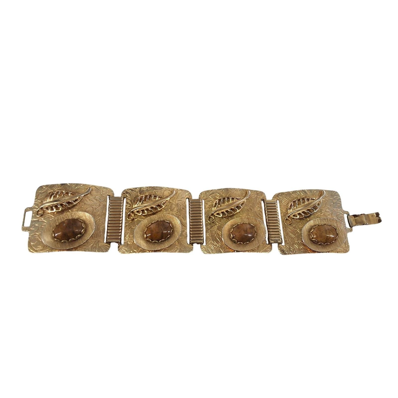 Vintage 1970s Brutalist Tiger's Eye 5-Panel Link Bracelet Gold Tone 8" - View 3