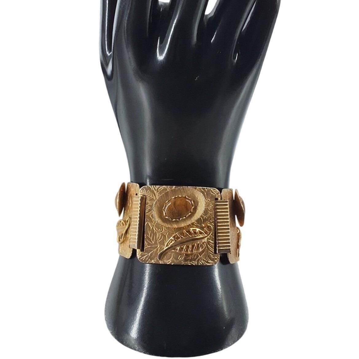 Vintage 1970s Brutalist Tiger's Eye 5-Panel Link Bracelet Gold Tone 8" - View 5