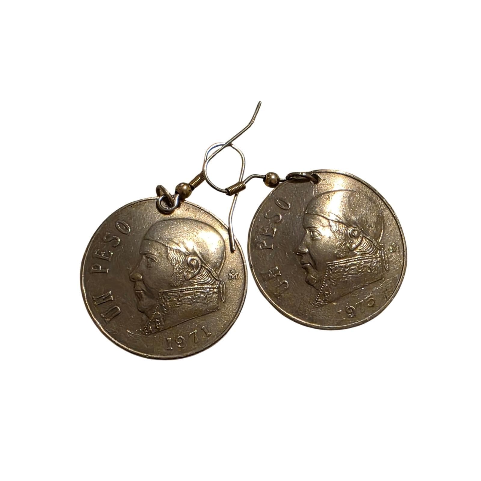 Vintage 1971 Mexico One Peso Coin Earrings Jose Maria Morelos Boho Dangle Drop