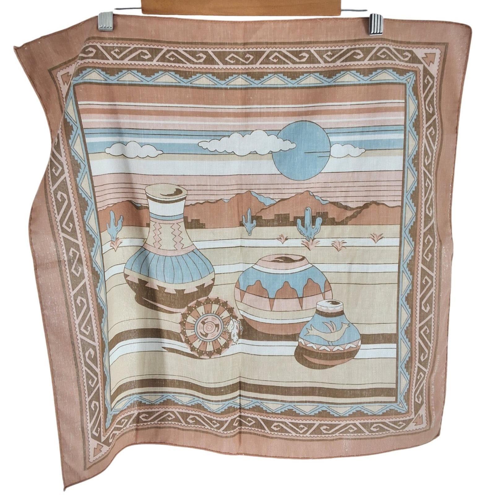 Vintage 80s Southwest Desert Landscape Bandana Pottery Cactus USA Made RN 20767 - View 4