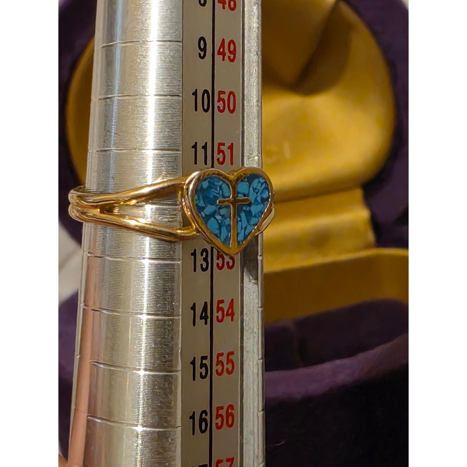 Vintage Style Gold Tone Adjustable Ring Turquoise Heart Cross Faith Jewelry - View 10