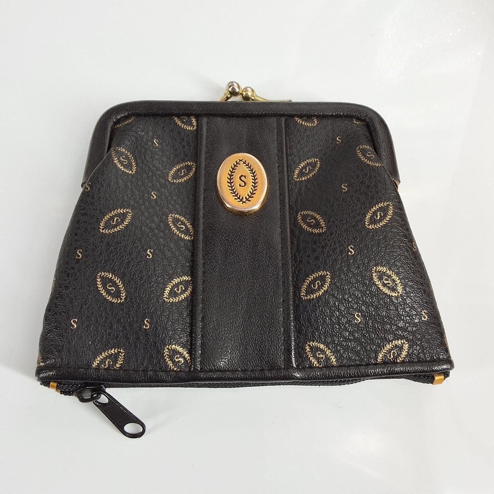 Vintage Black Monogram S Kiss Lock Coin Purse Key Pouch