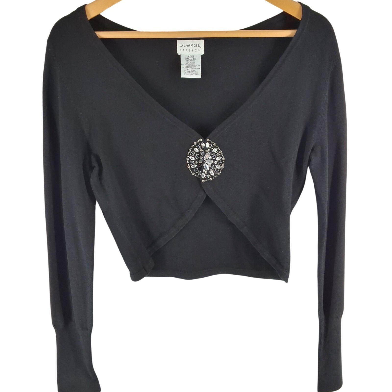 George Black Cropped Cardigan Rhinestone Medallion Bolero Shrug Sweater S