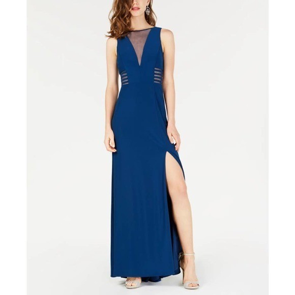 Morgan & Co Womens Peacock Blue Mesh V-Neck Formal Gown Dress 12173 Size 9/10