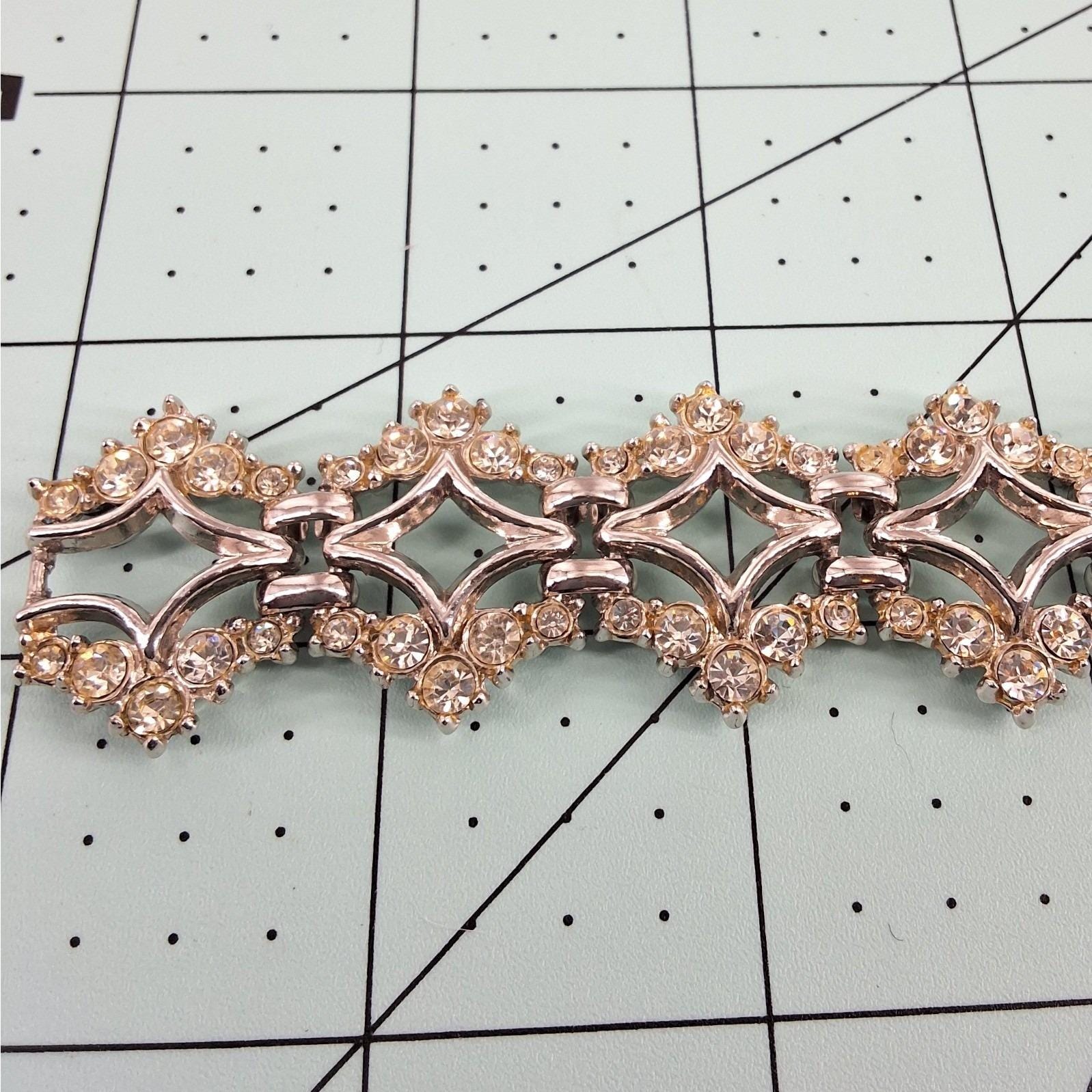 Vintage Silver Tone Rhinestone Geometric Link Bracelet Art Deco 1950s