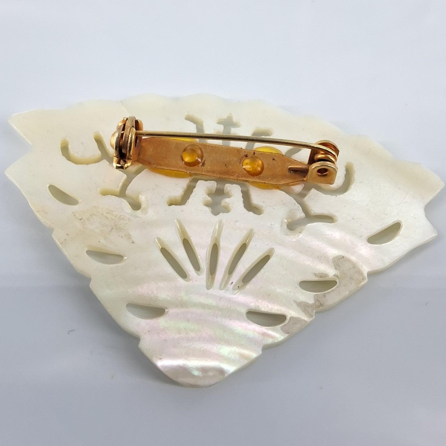 Vintage Hand Carved Mother of Pearl Fan Brooch 2" Pierced Shell Asian Pin