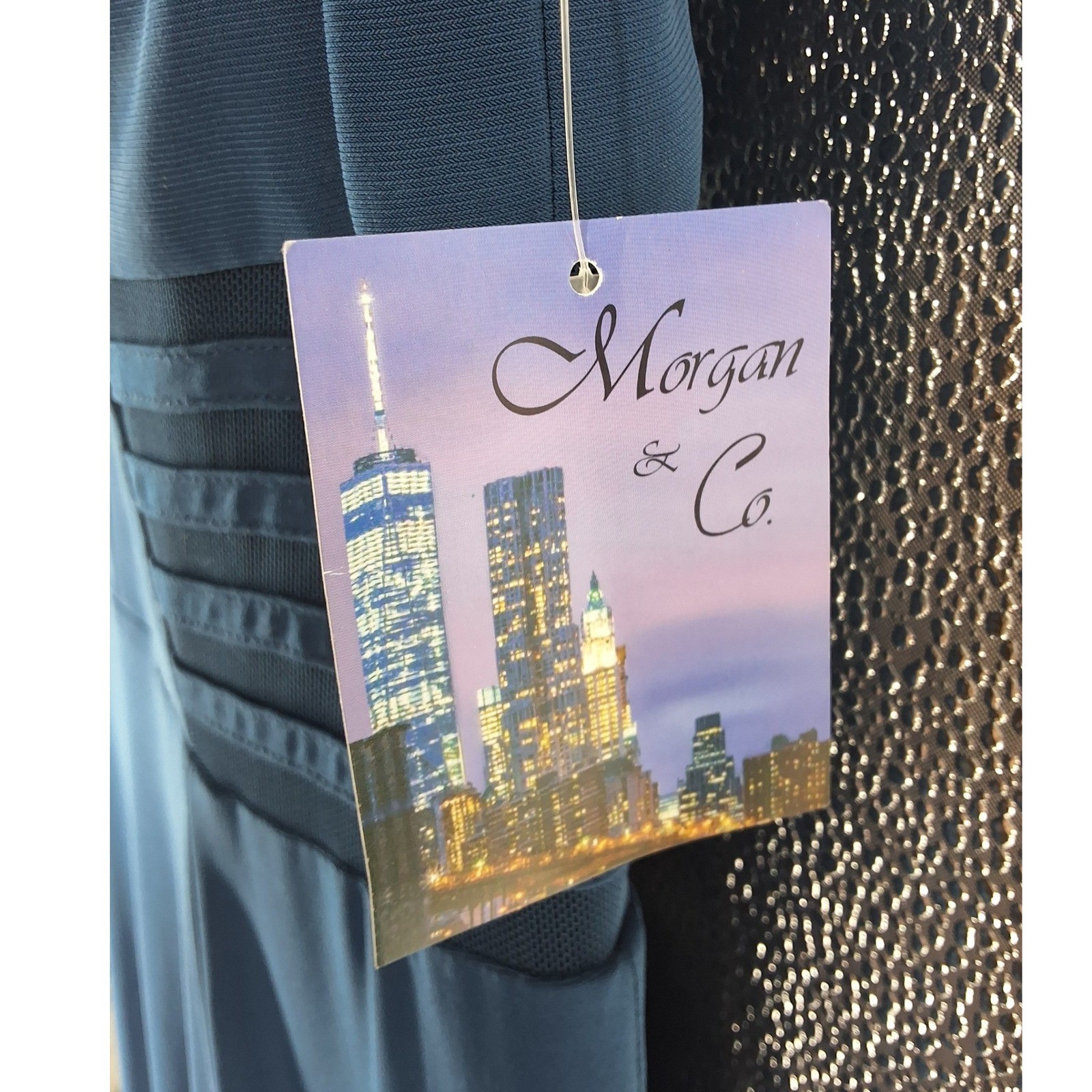 Morgan & Co Womens Peacock Blue Mesh V-Neck Formal Gown Dress 12173 Size 9/10 - View 4