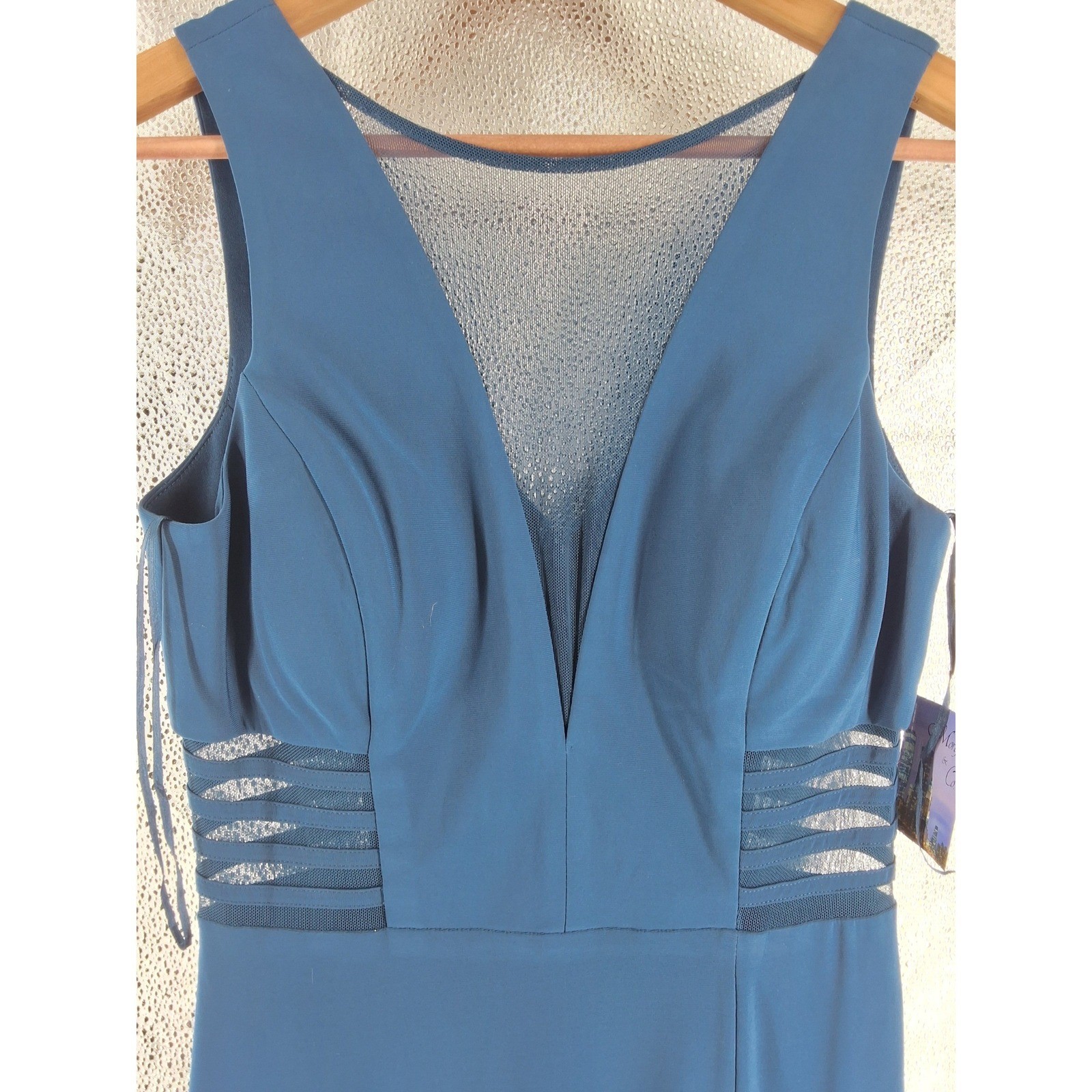Morgan & Co Womens Peacock Blue Mesh V-Neck Formal Gown Dress 12173 Size 9/10 - View 5