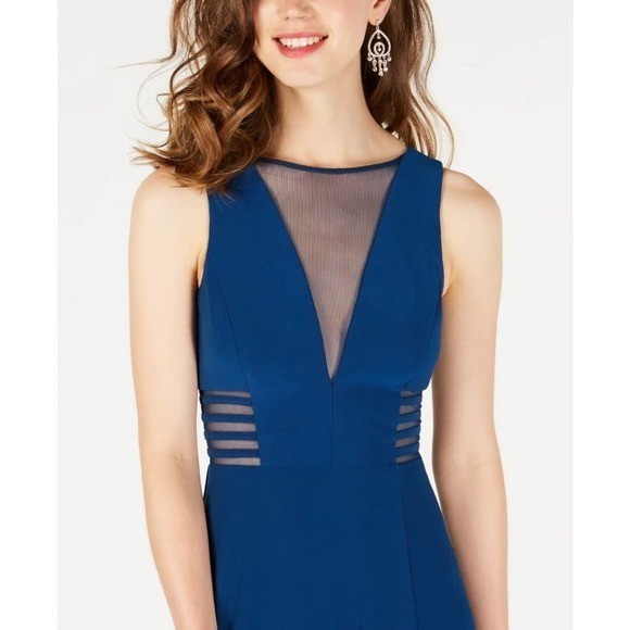 Morgan & Co Womens Peacock Blue Mesh V-Neck Formal Gown Dress 12173 Size 9/10 - View 6