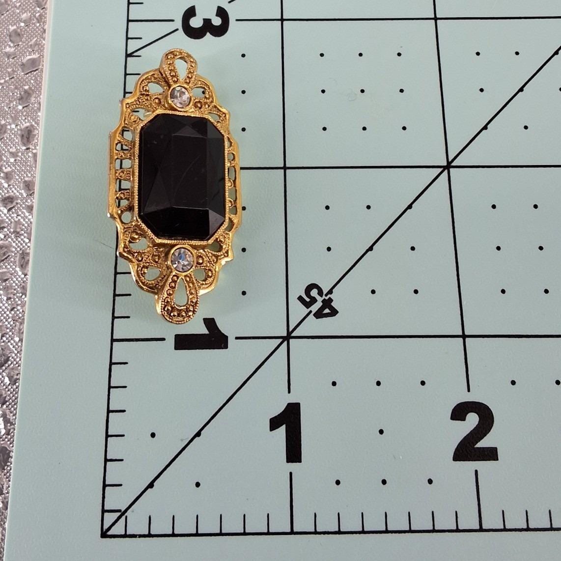Vintage Gold Tone Black Faux Onyx Filigree Brooch Victorian Style Rhinestone Pin - View 5