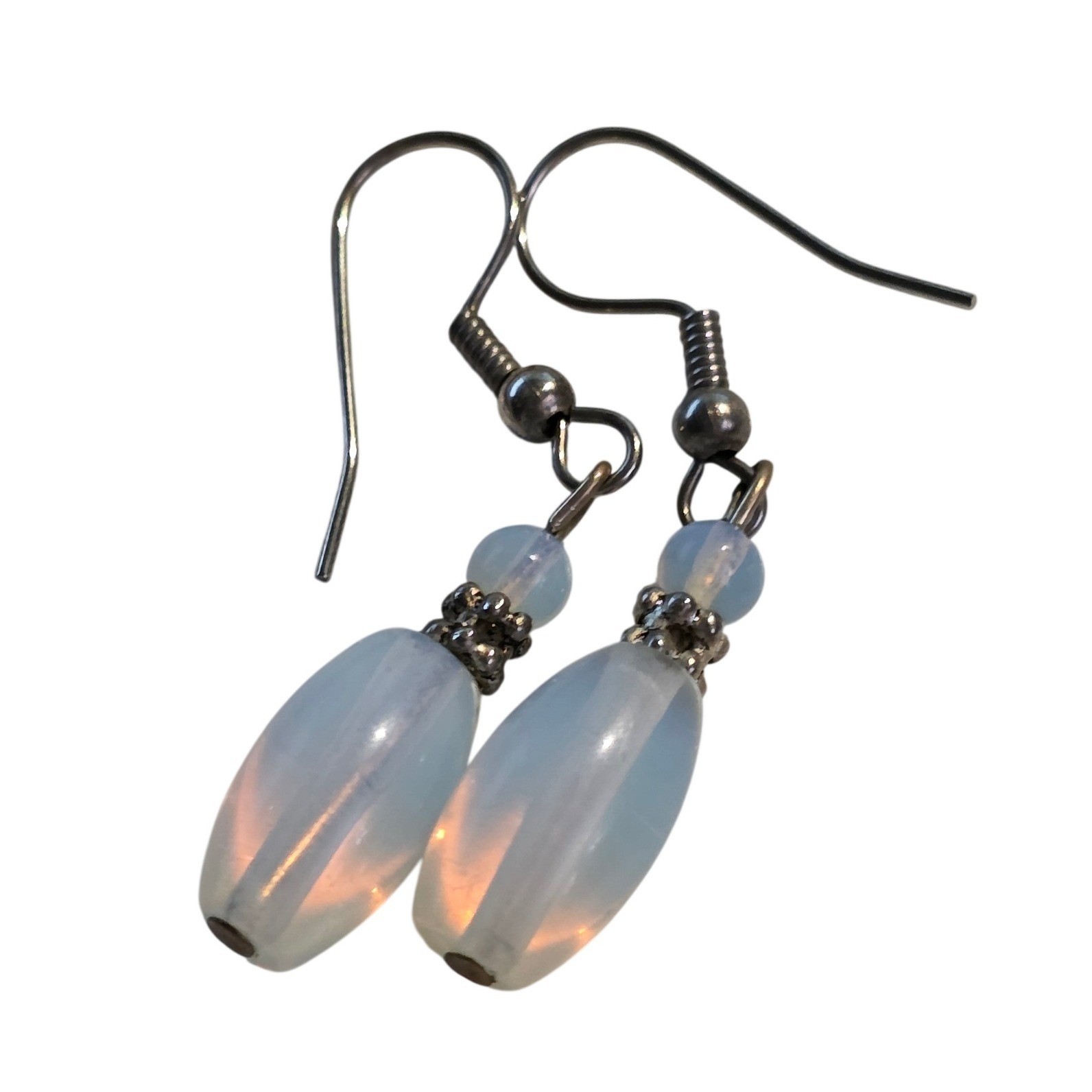 Opalite Stone Teardrop Silver Tone Dangle Earrings 1.5"