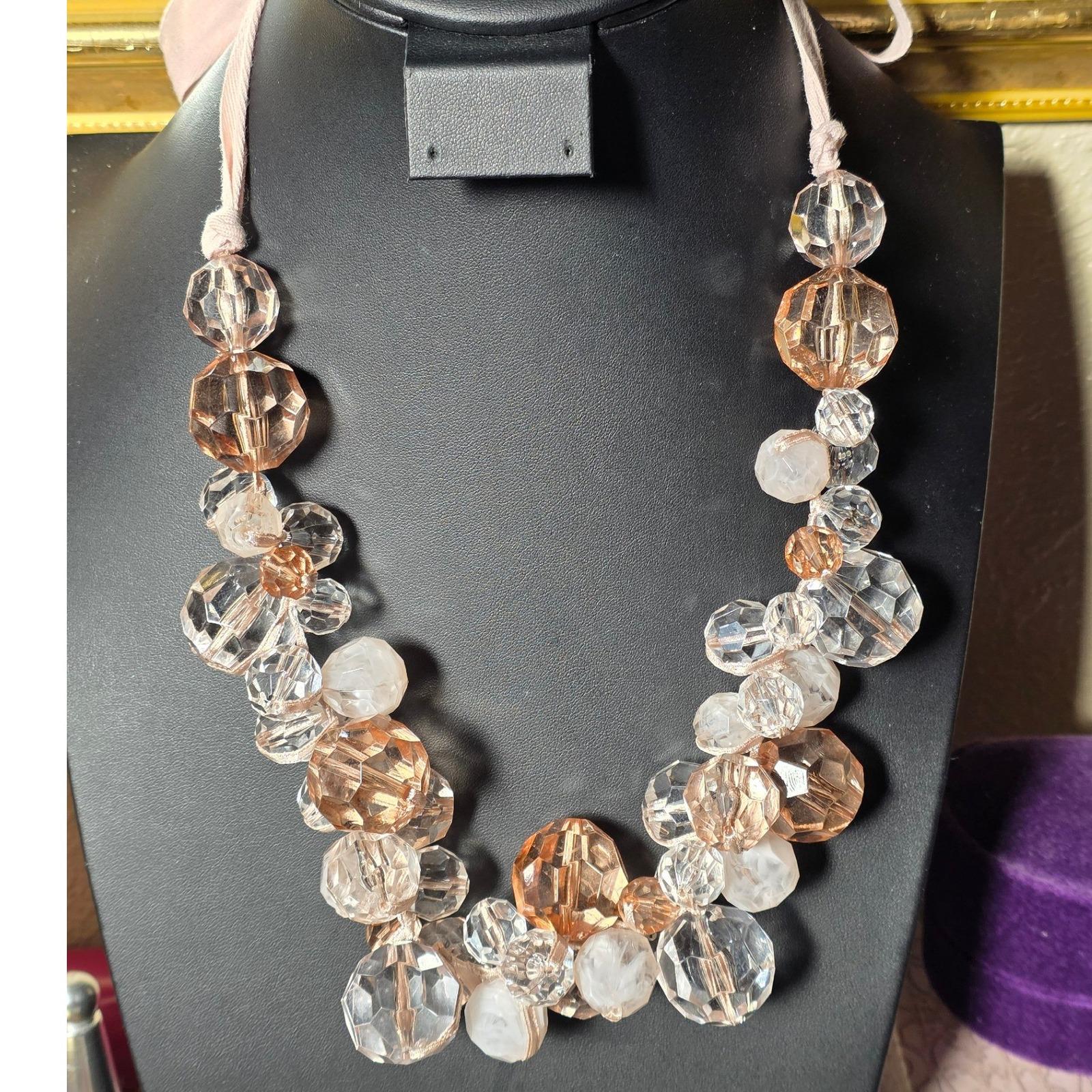 Chunky Faceted Lucite Beaded Multi-Strand Statement Necklace Peach Clear