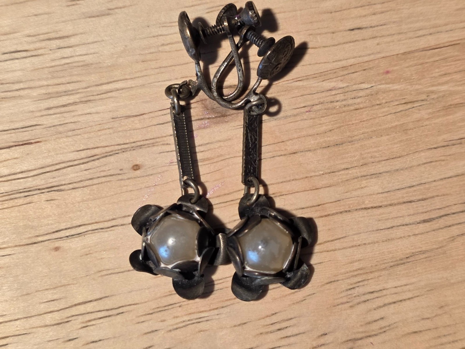 Vintage Screw Back Floral Drop Earrings With Faux Pearl Accents - View 5