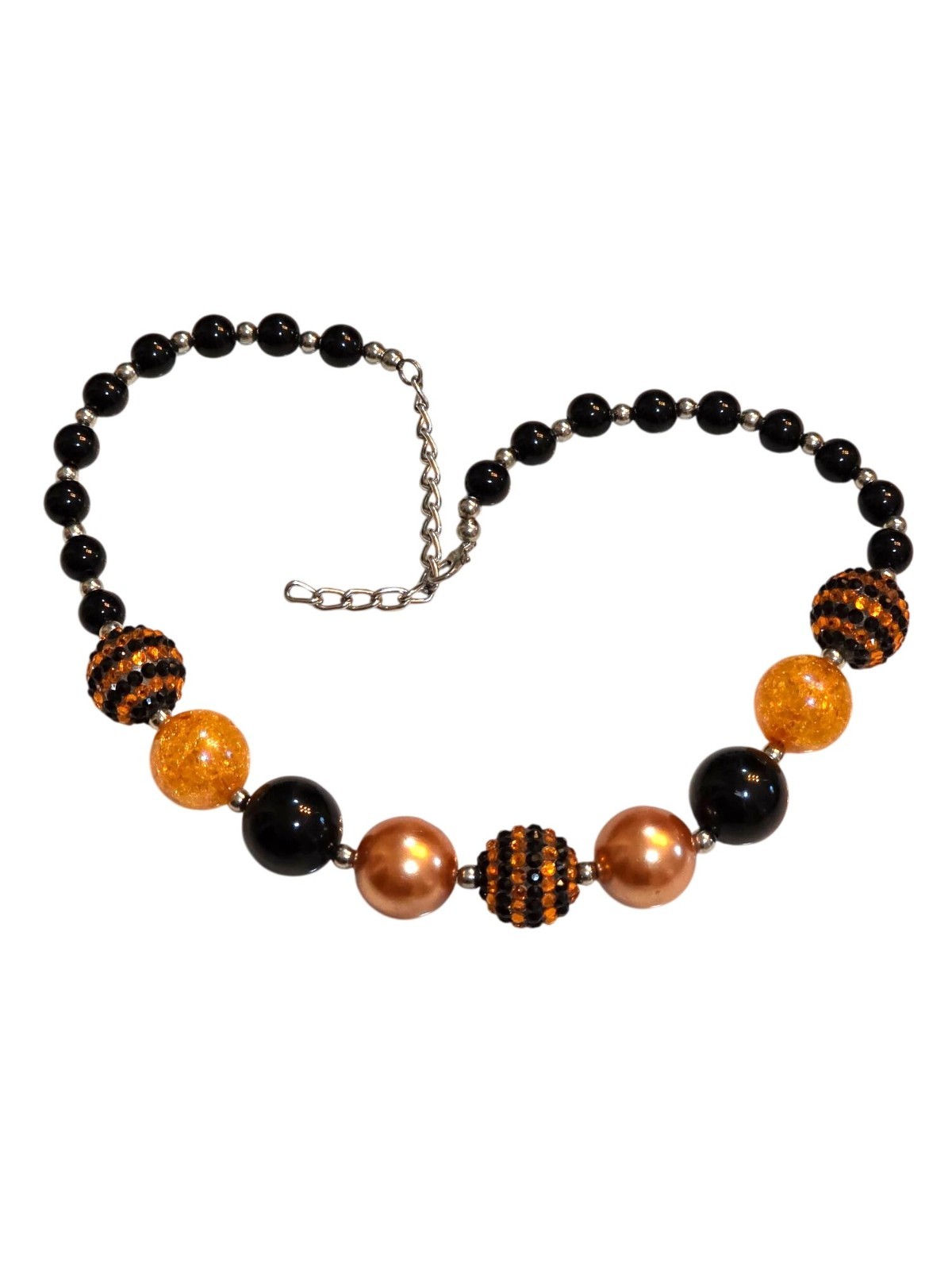 Black & Orange Beaded Halloween Statement Necklace With Adjustable Chain 20-22" - View 3