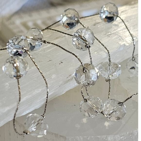 Multi Faceted Clear Glass Beaded Necklace Silver Tone Chain Adjustable 18-22" - View 3