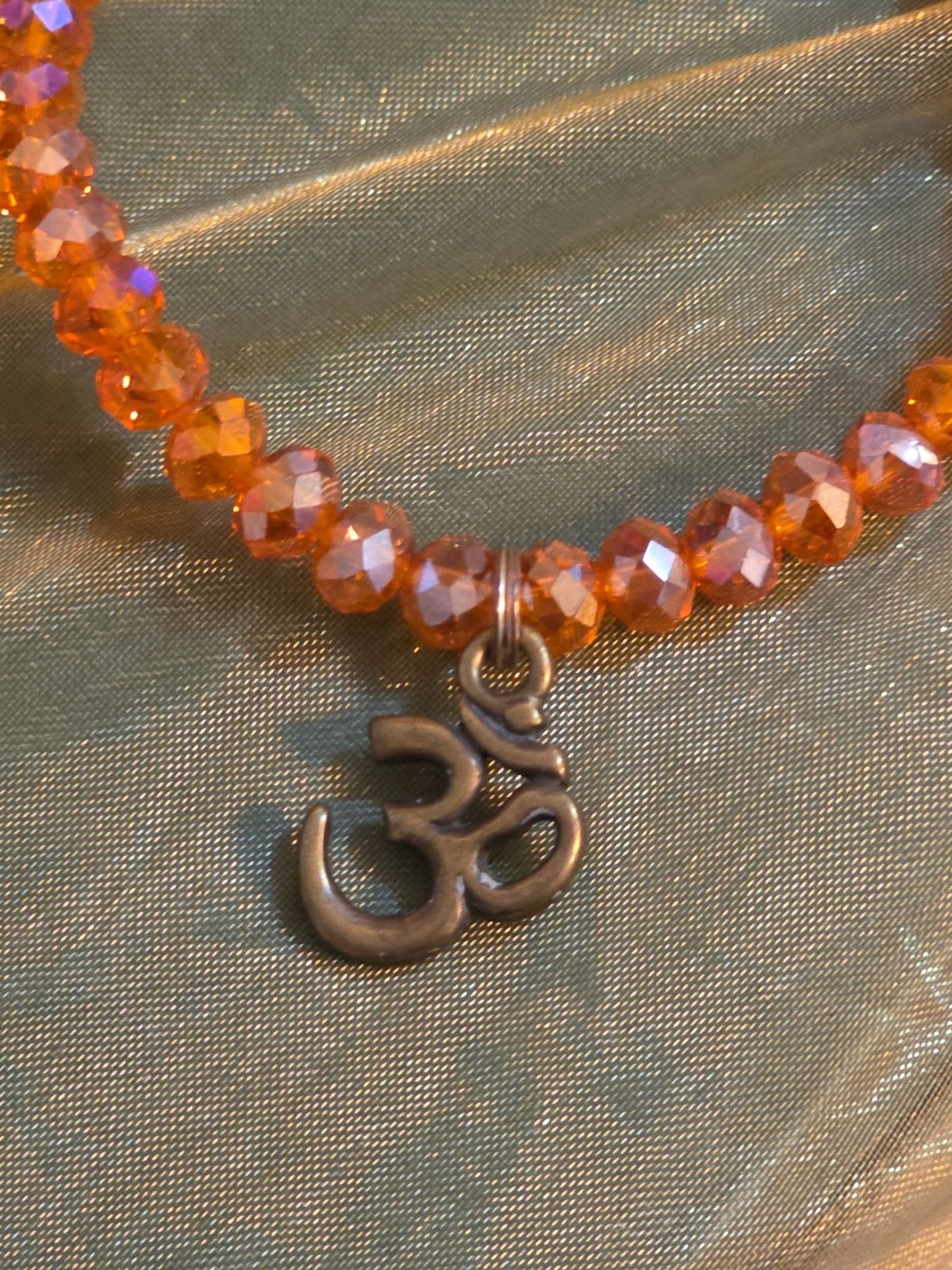 Aurora Borealis Beaded Stretch Bracelet Ohm Charm Yoga Jewelry Orange Brass - View 3