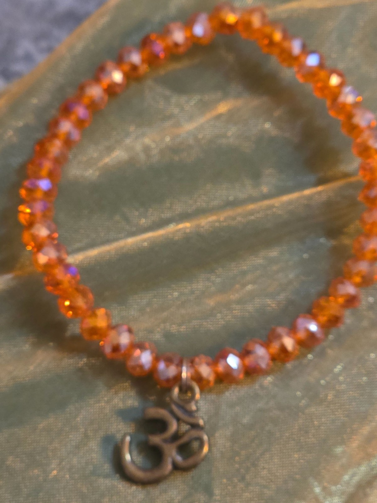 Aurora Borealis Beaded Stretch Bracelet Ohm Charm Yoga Jewelry Orange Brass - View 4