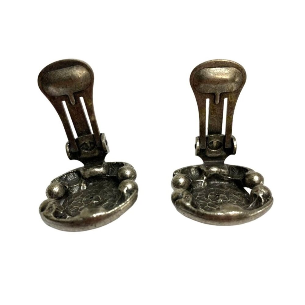 Vintage Brutalist Metal & Black Cabochon Clip Earrings