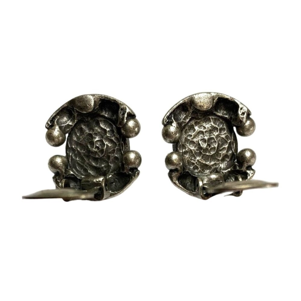 Vintage Brutalist Metal & Black Cabochon Clip Earrings - View 3