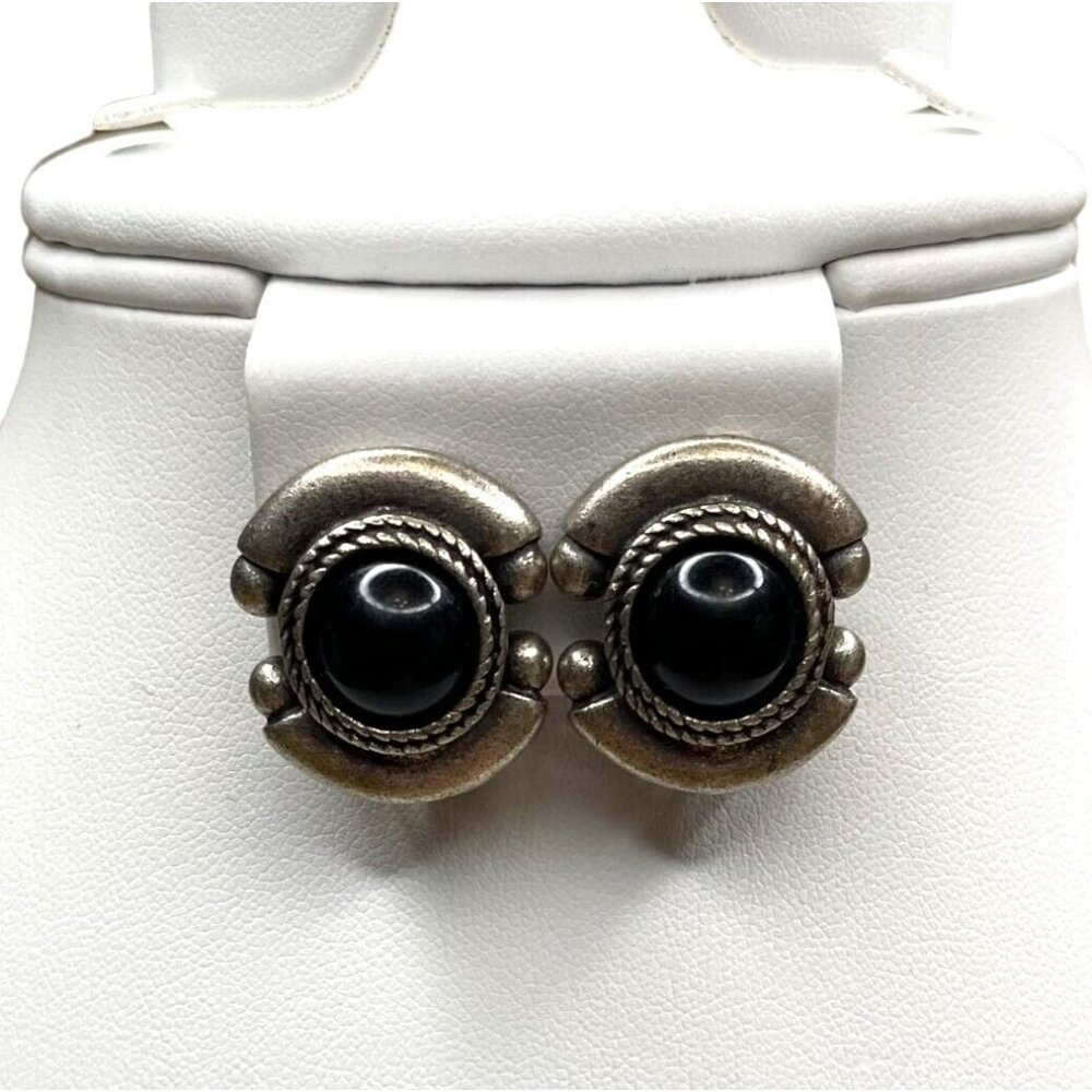 Vintage Brutalist Metal & Black Cabochon Clip Earrings - View 5