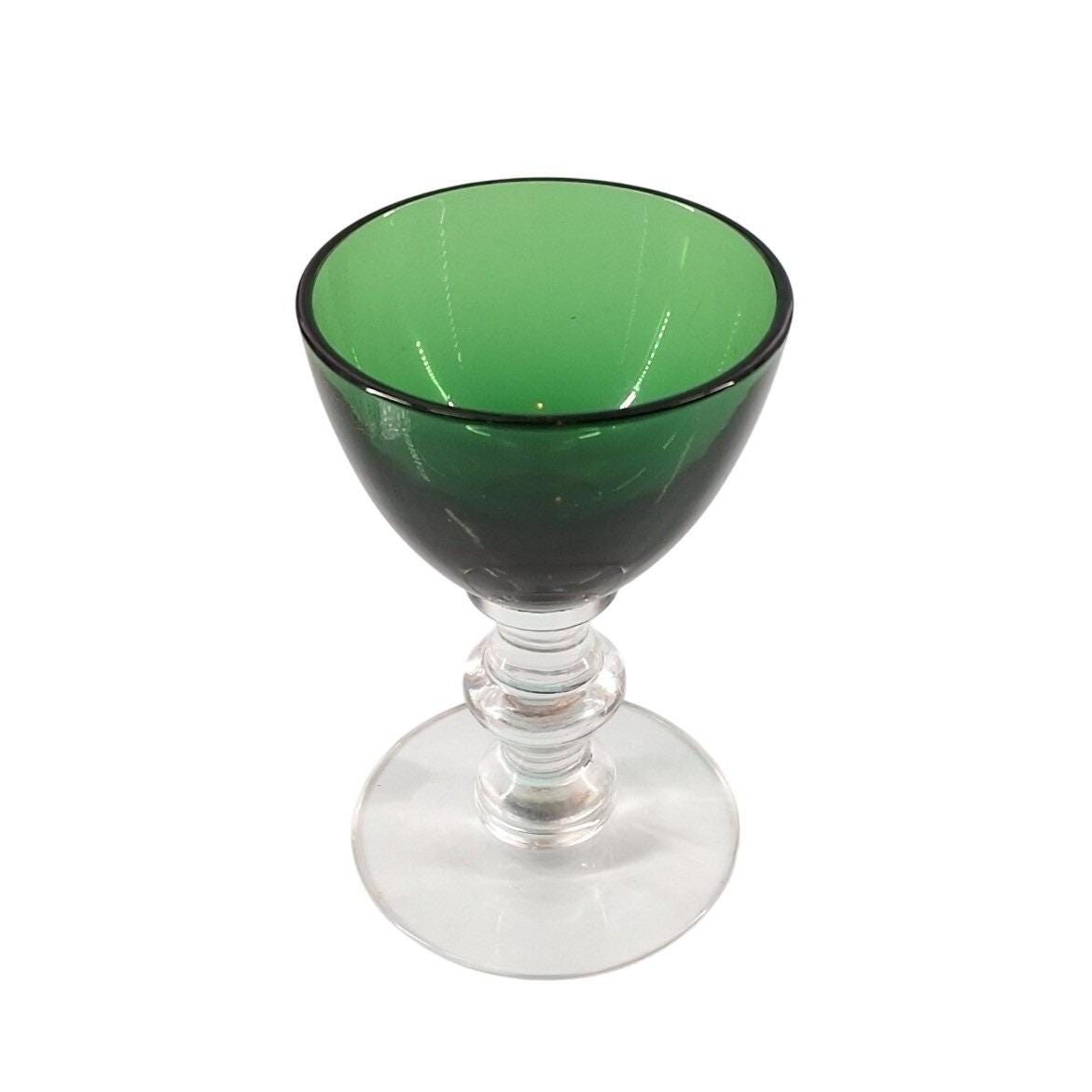 Vintage Forest Green Clear Wafer Stem Cordial Liqueur Glass MCM 3.25"