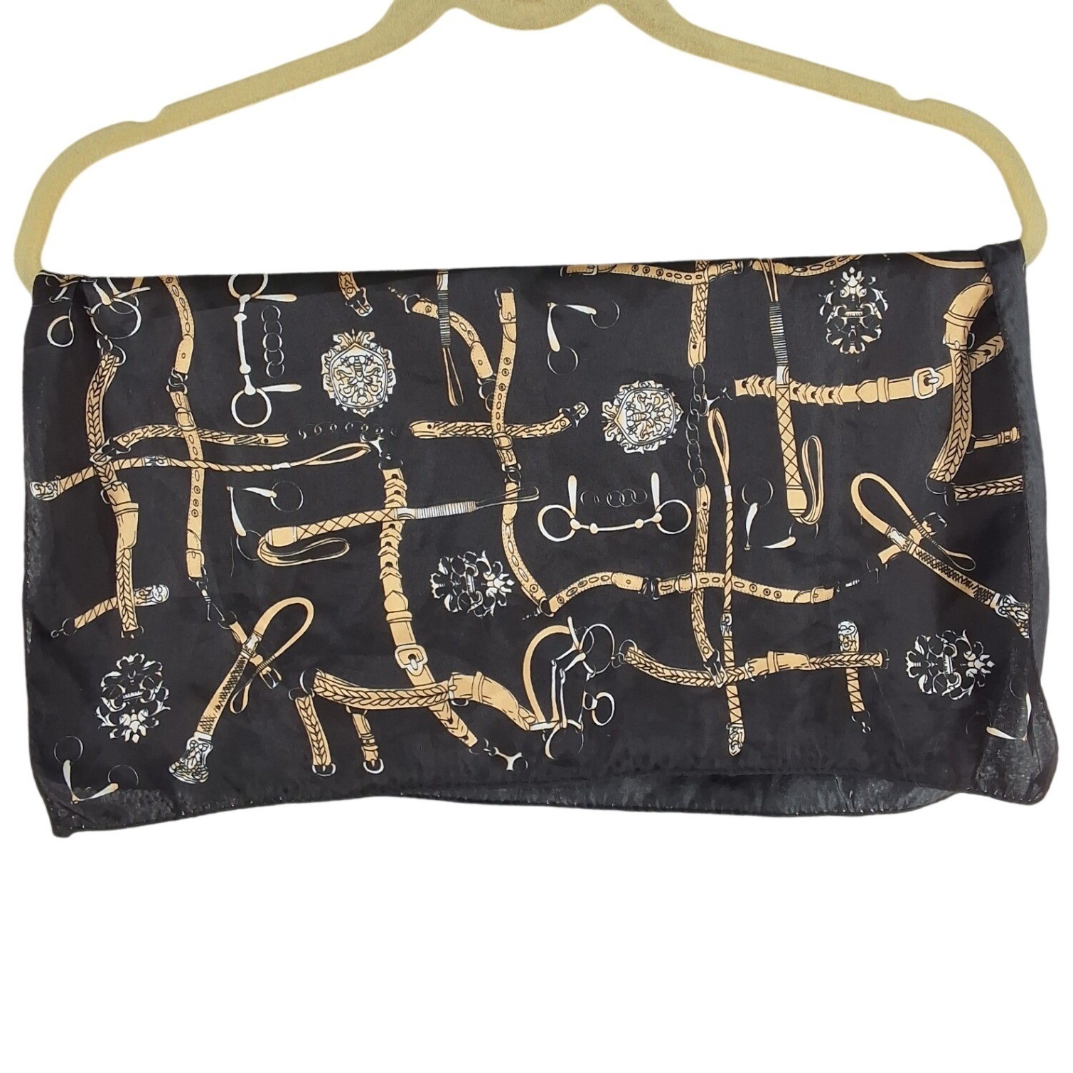Vintage Equestrian Print Square Scarf Black Gold Horse Bit Buckle Motif