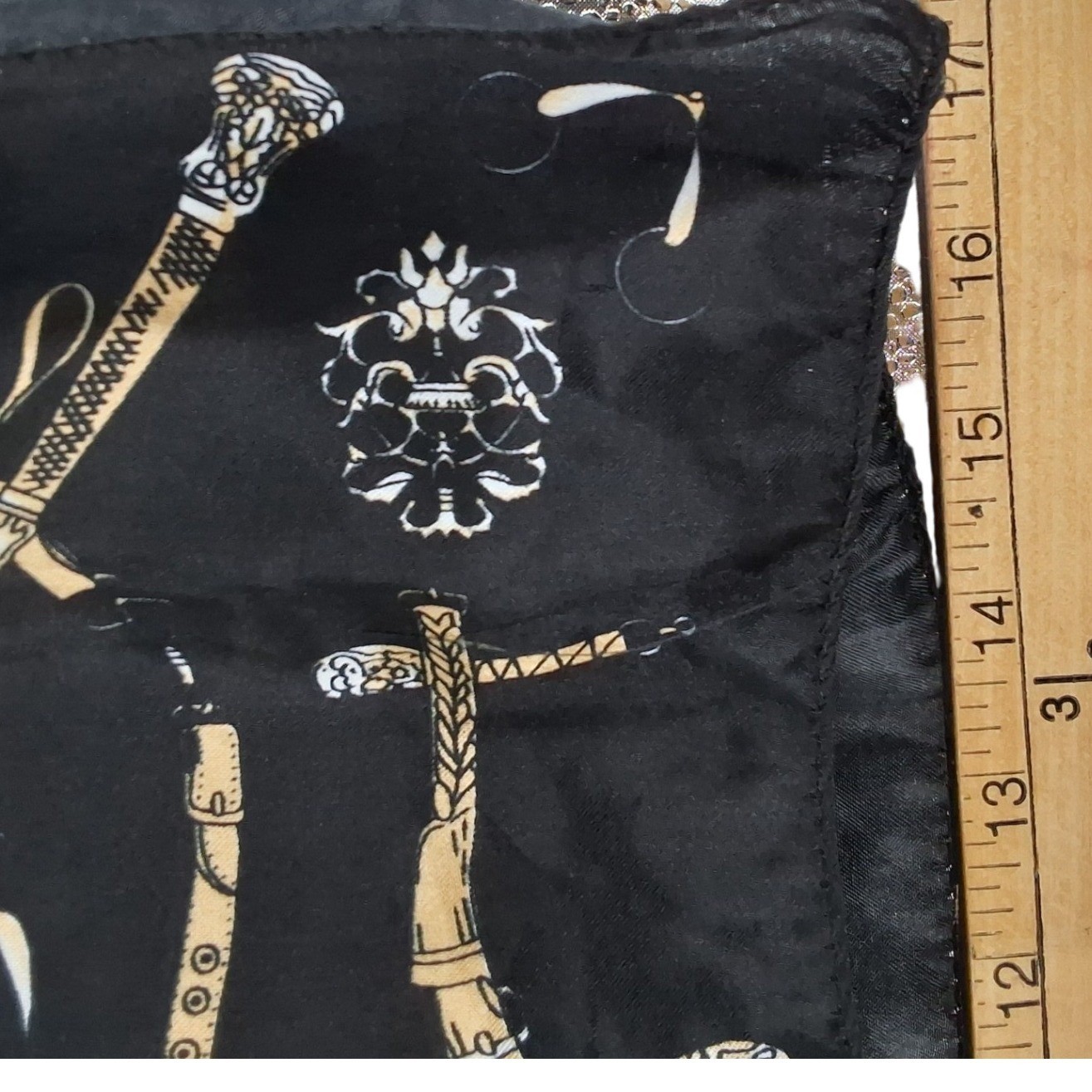Vintage Equestrian Print Square Scarf Black Gold Horse Bit Buckle Motif - View 4