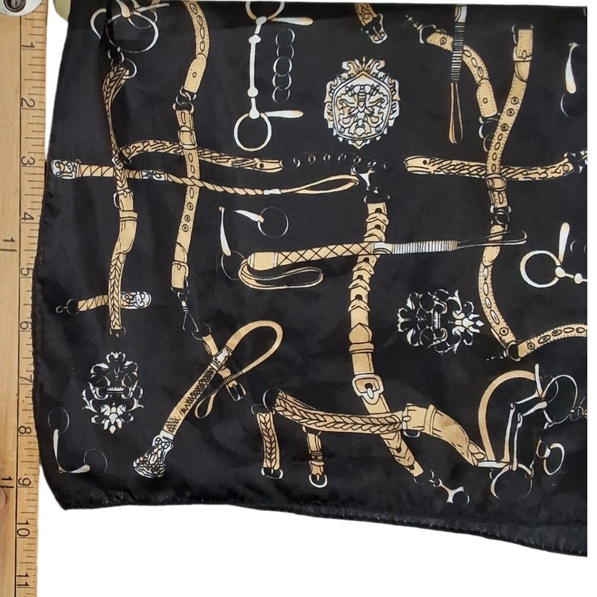 Vintage Equestrian Print Square Scarf Black Gold Horse Bit Buckle Motif - View 5