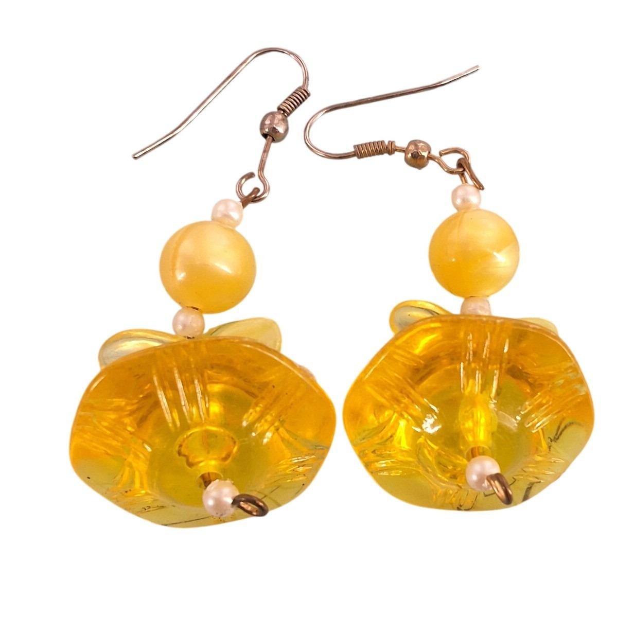 Yellow Carved Floral Resin Drop Earrings Gold Tone Hooks Vintage Style