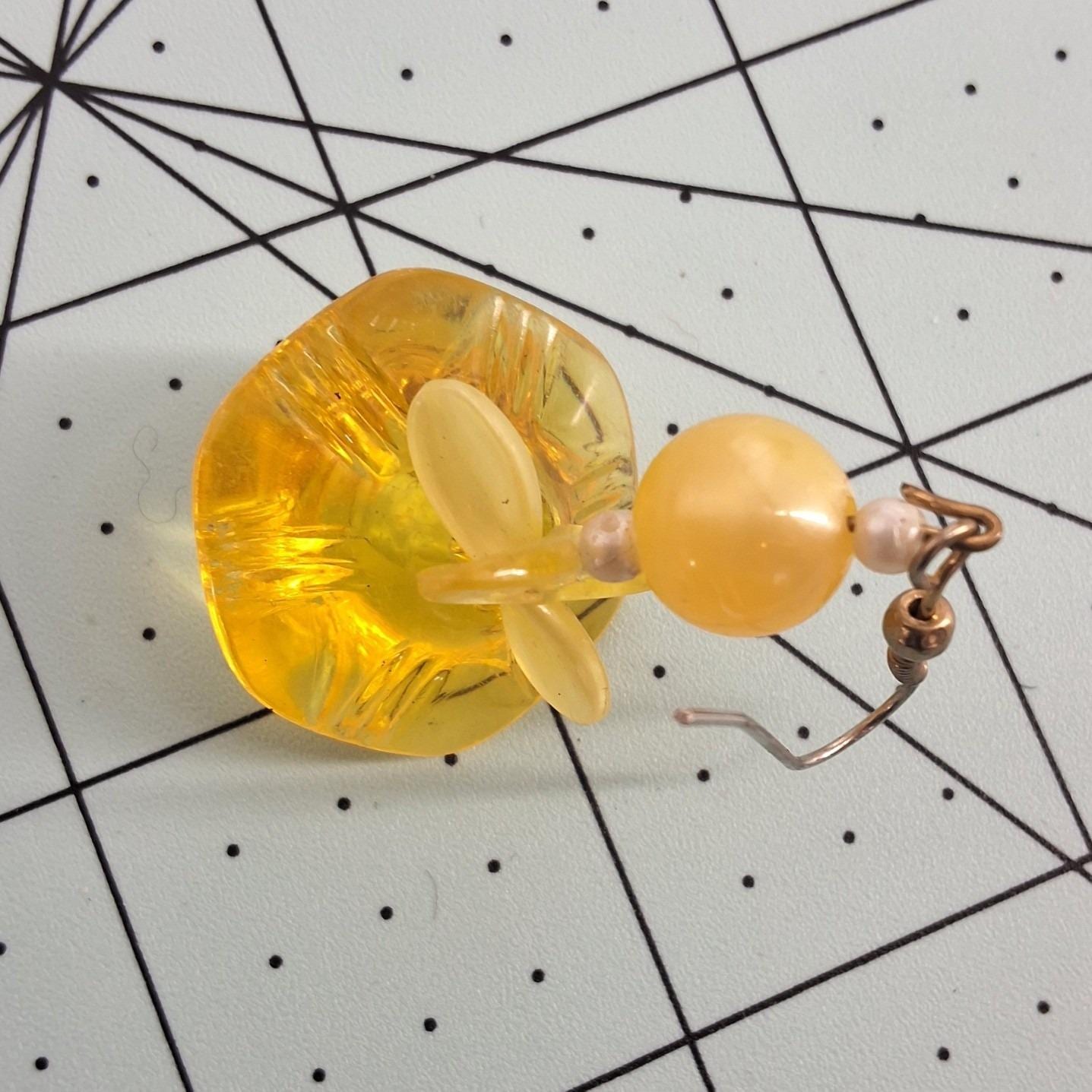 Yellow Carved Floral Resin Drop Earrings Gold Tone Hooks Vintage Style - View 3