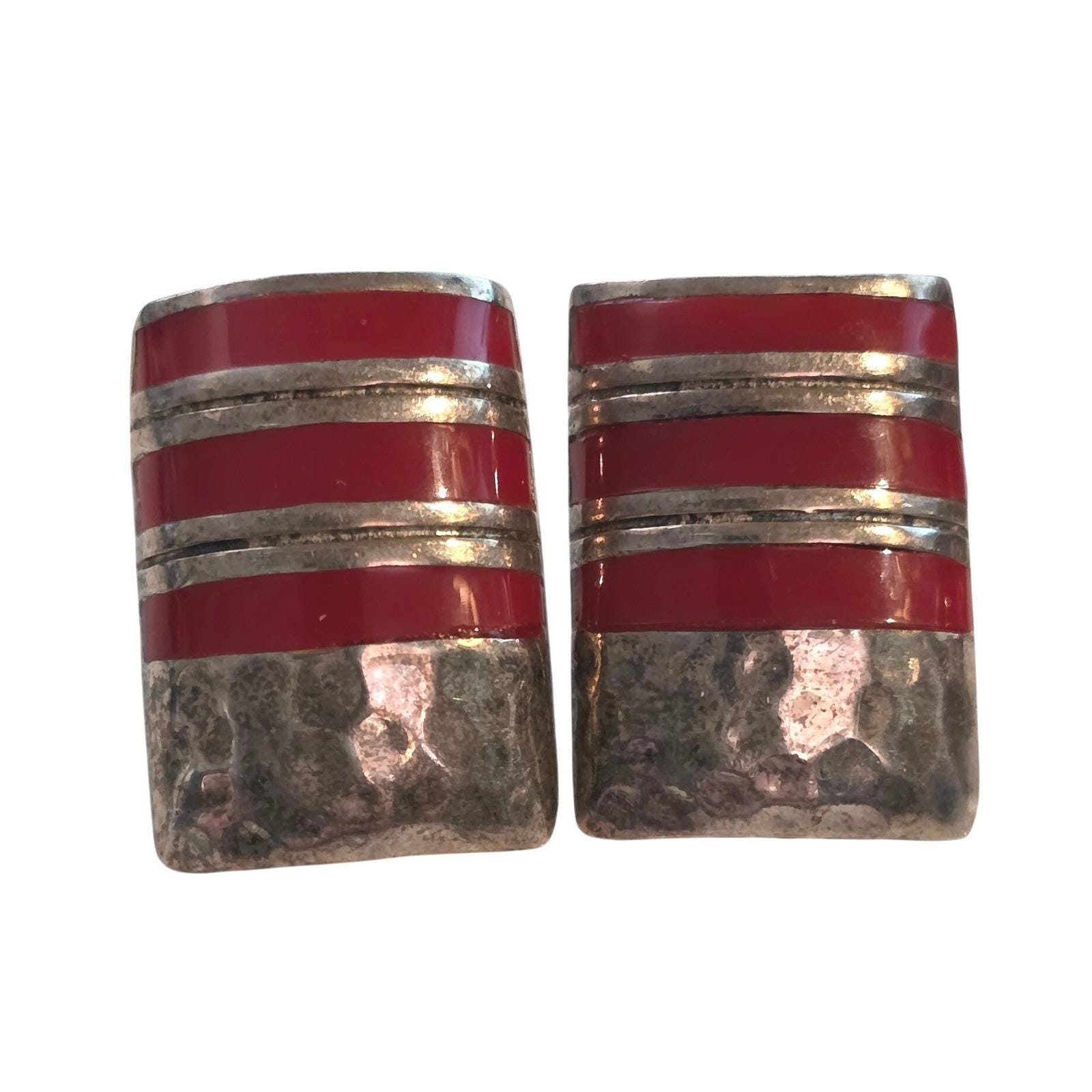 Southwestern 925 Silver Hammered Red Coral Inlay Rectangle Stud Earrings