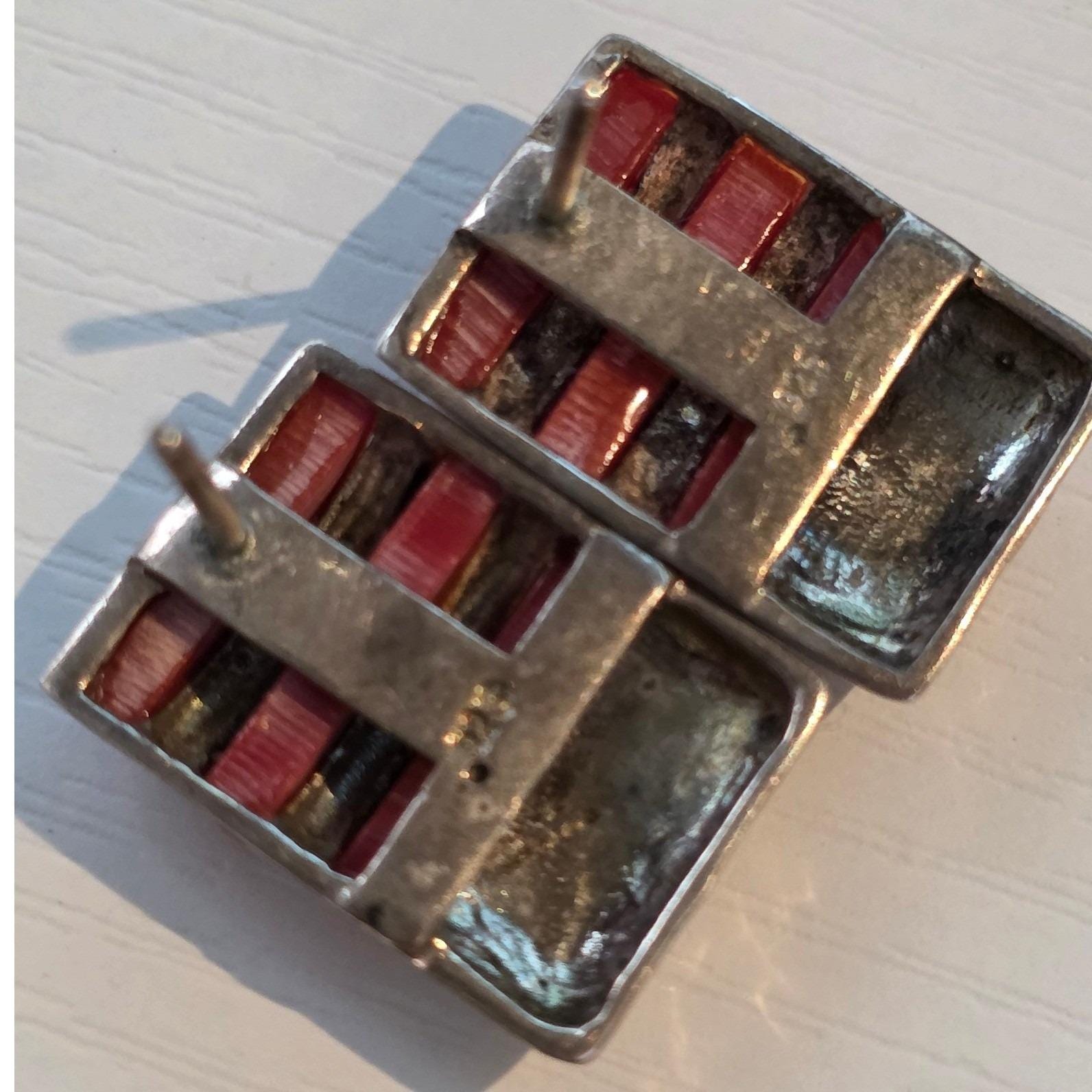 Southwestern 925 Silver Hammered Red Coral Inlay Rectangle Stud Earrings - View 3