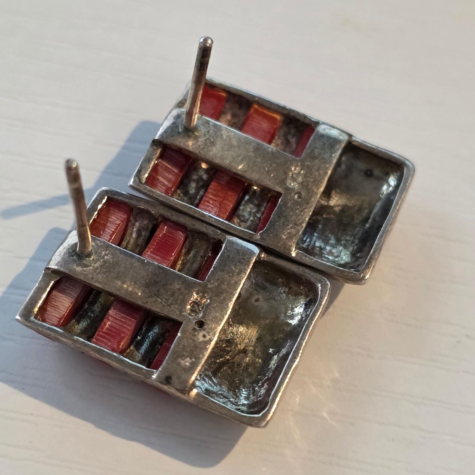 Southwestern 925 Silver Hammered Red Coral Inlay Rectangle Stud Earrings - View 5