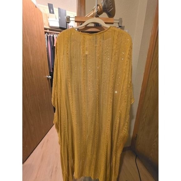 Free People Sequin Day Dream Kimono Mustard Yellow Oversized Wrap One Size NEW - View 5