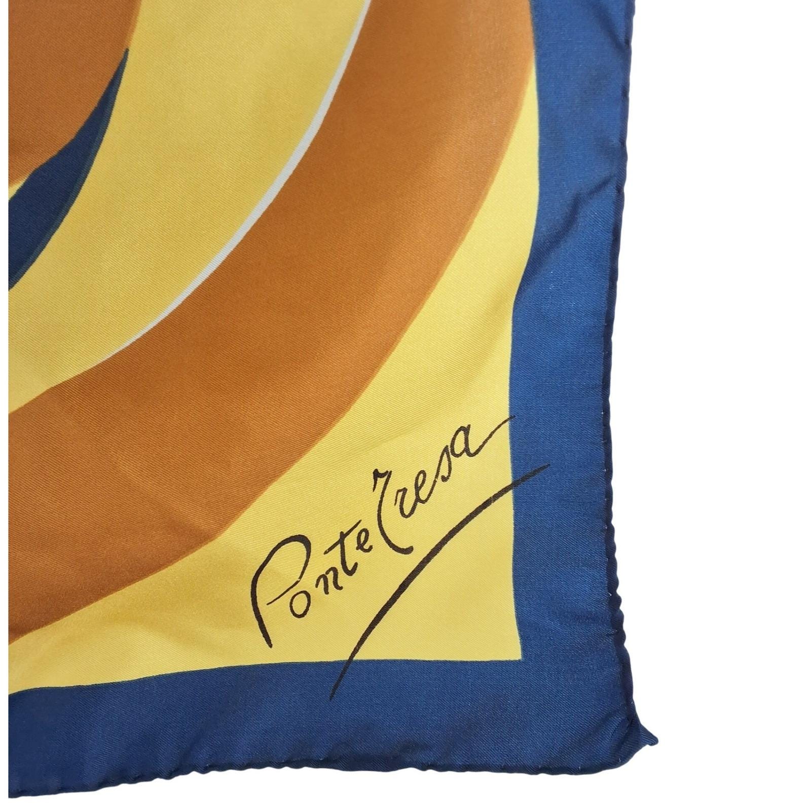 Ponte Tresa Silk Scarf Navy Blue Yellow Geometric Circle MCM Retro Square 22.5"