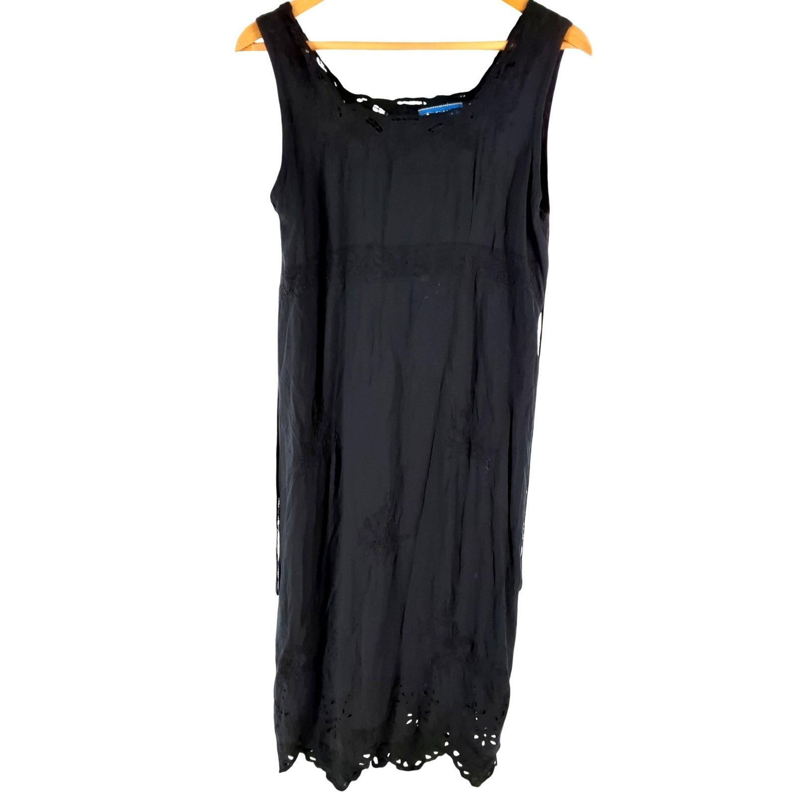Bali Collection Black Rayon Embroidered Eyelet Midi Dress Small Boho Sleeveless