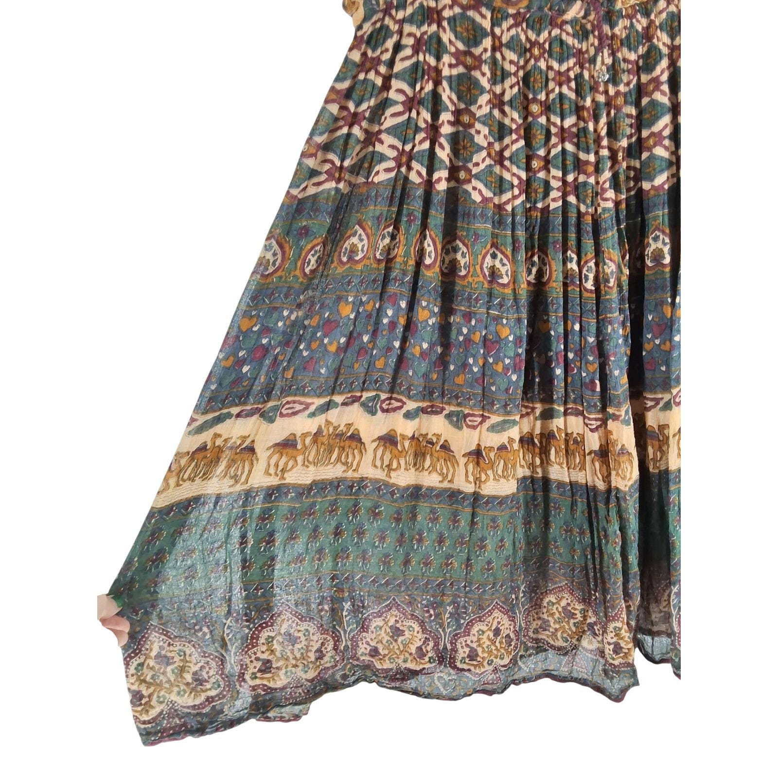 Vintage Indian Cotton Gauze Broomstick Skirt Camel Heart Block Print Boho Maxi - View 7