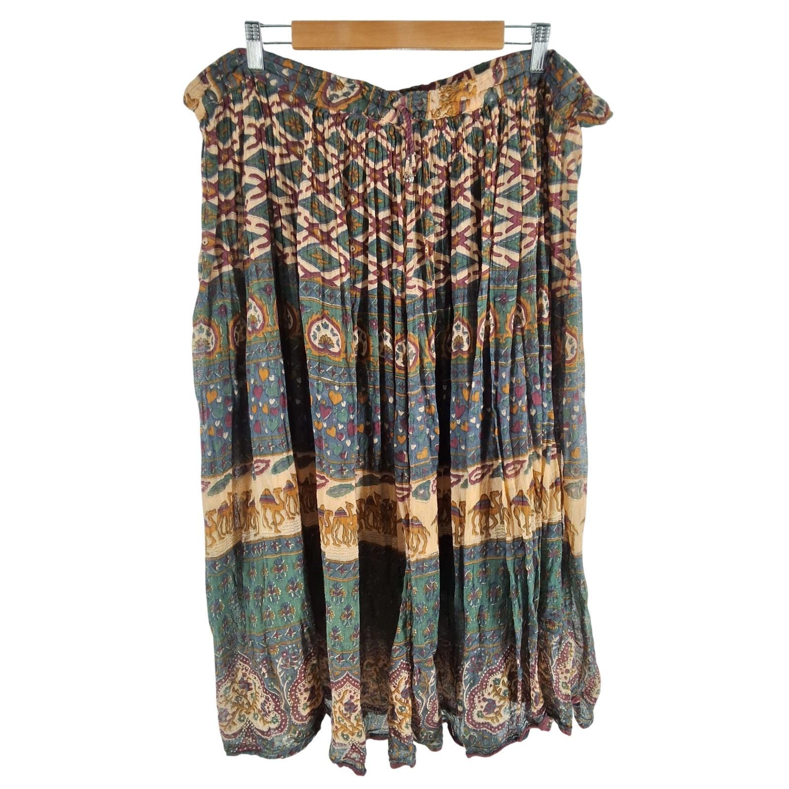 Vintage Indian Cotton Gauze Broomstick Skirt Camel Heart Block Print Boho Maxi - View 8