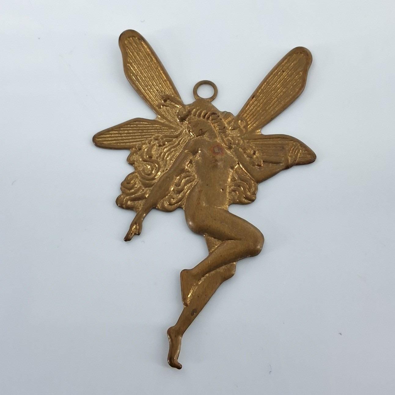 Vintage Brass Fairy Pendant Charm Winged Pixie Fantasy Jewelry Making 2 Inch - View 3