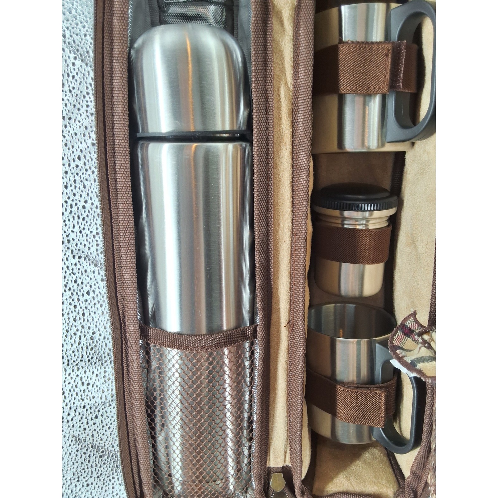 Picnic at Ascot Coffee Tea Travel Set Brown Insulated Case Flask Mugs Spoons - View 4