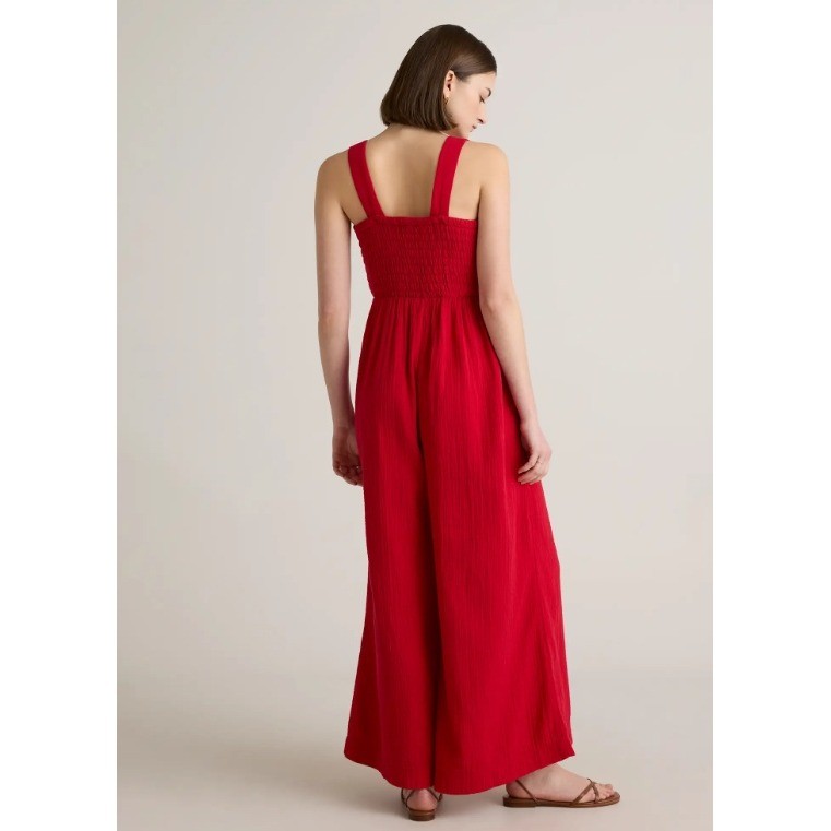 Quince Organic Cotton Gauze Smocked Wide Leg Jumpsuit Wild Cherry Red XL