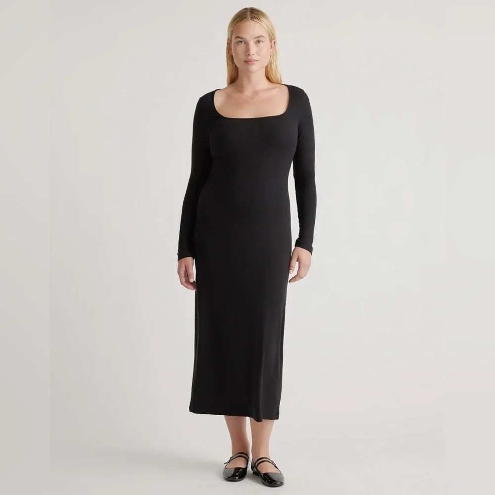 Quince Black Tencel Rib Knit Long Sleeve Maxi Dress M