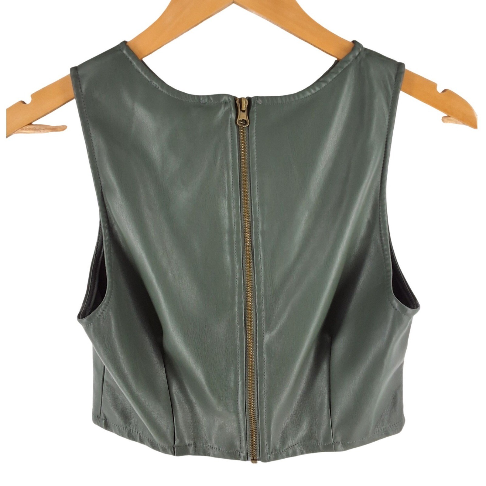 Kirious Olive Green Faux Leather Cropped Tank Top Back Zip Small