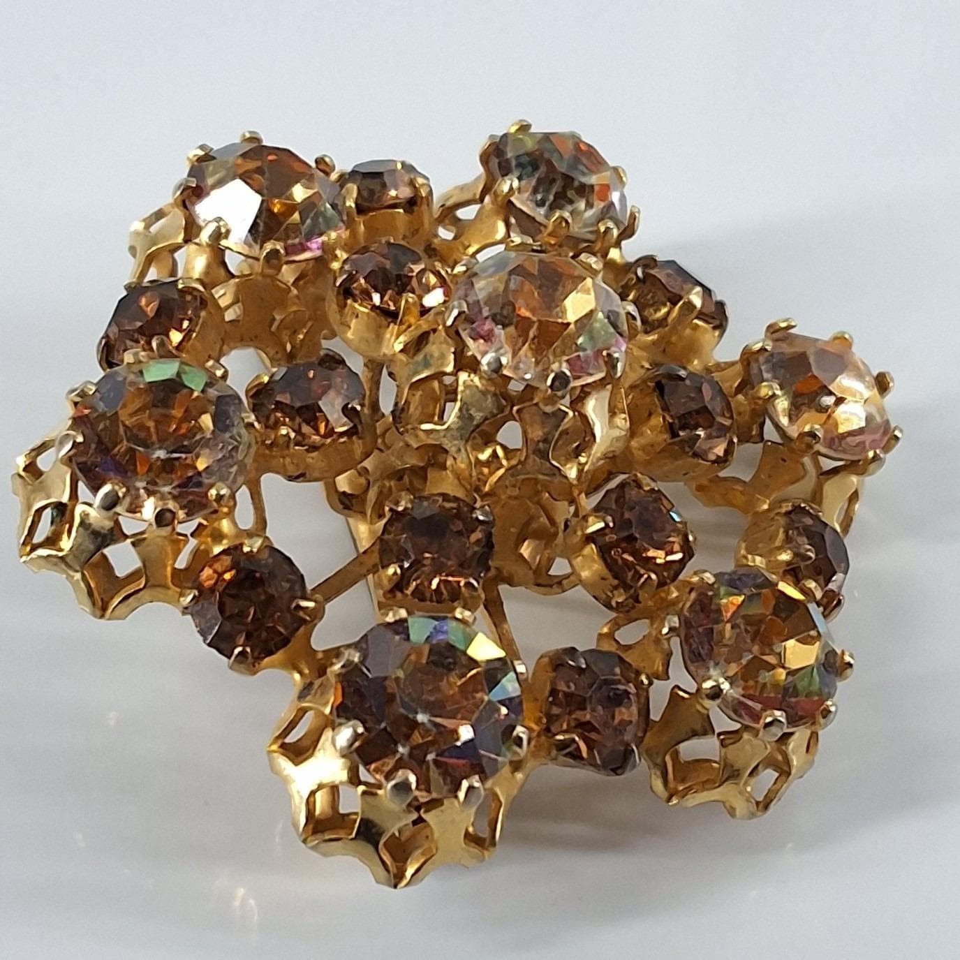 Vintage Signed Austria Amber Topaz Aurora Borealis Rhinestone Floral Brooch 1.25