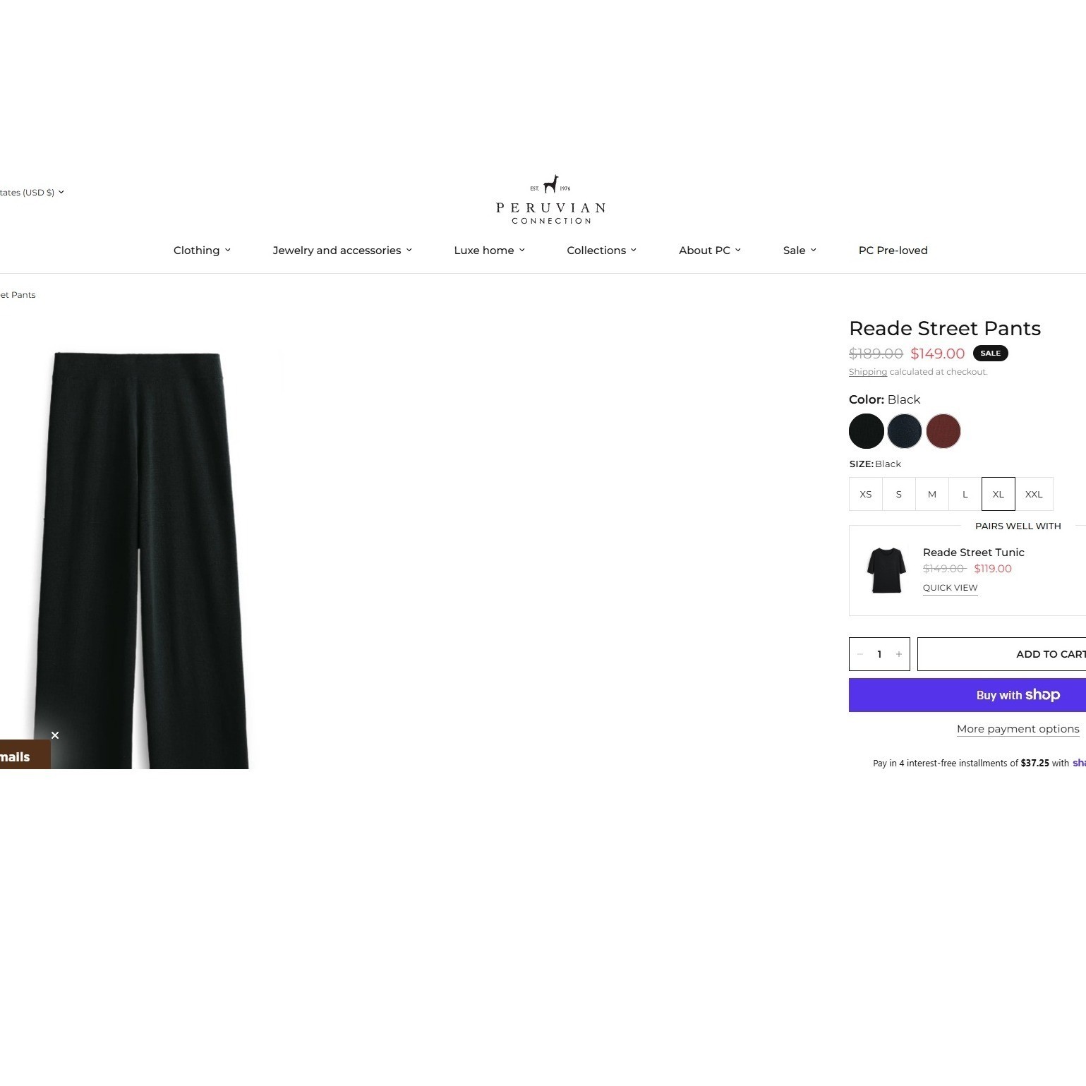 Peruvian Connection Reade Street Pants XL Black Wide Leg 100% Pima Cotton Knit - View 5