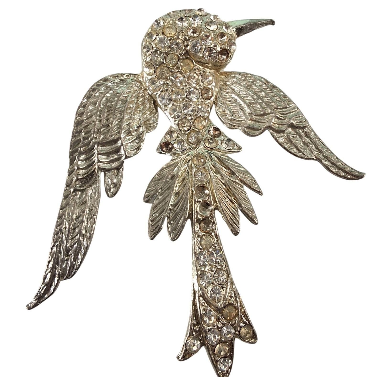 Vintage Silver Rhinestone Bird Brooch Pave Swallow Pin Costume Jewelry