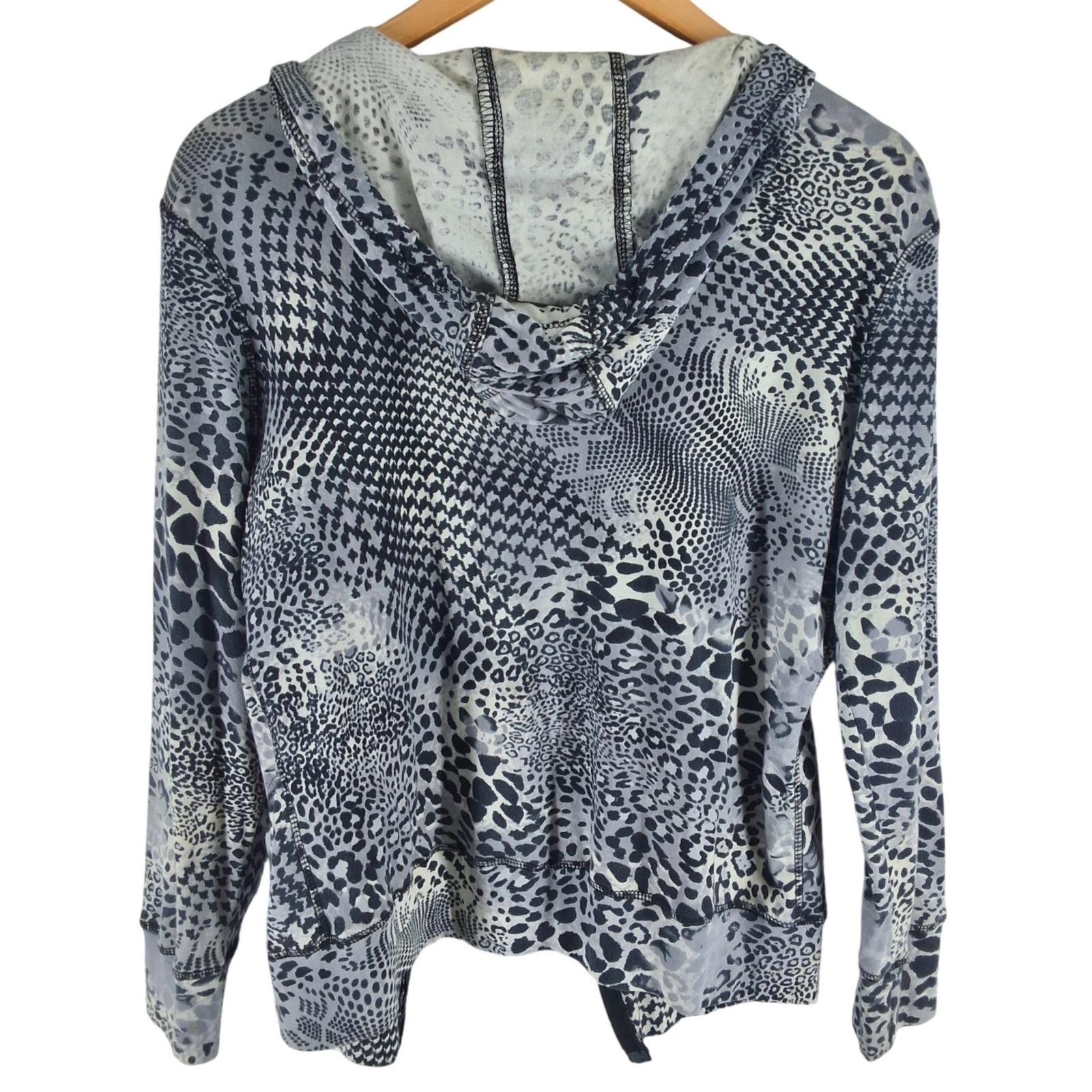 Yashi Womens Mixed Animal Print Zip Up Hoodie Grey Leopard Rhinestone Small